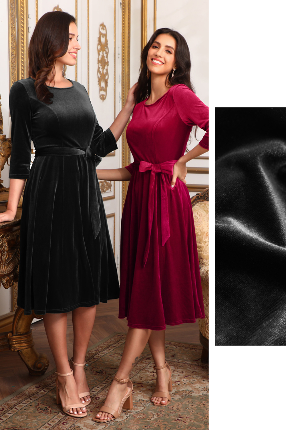 Elegant Round-Neck Velvet Bow-Tie Ruched 3/4 Sleeve Midi Dress