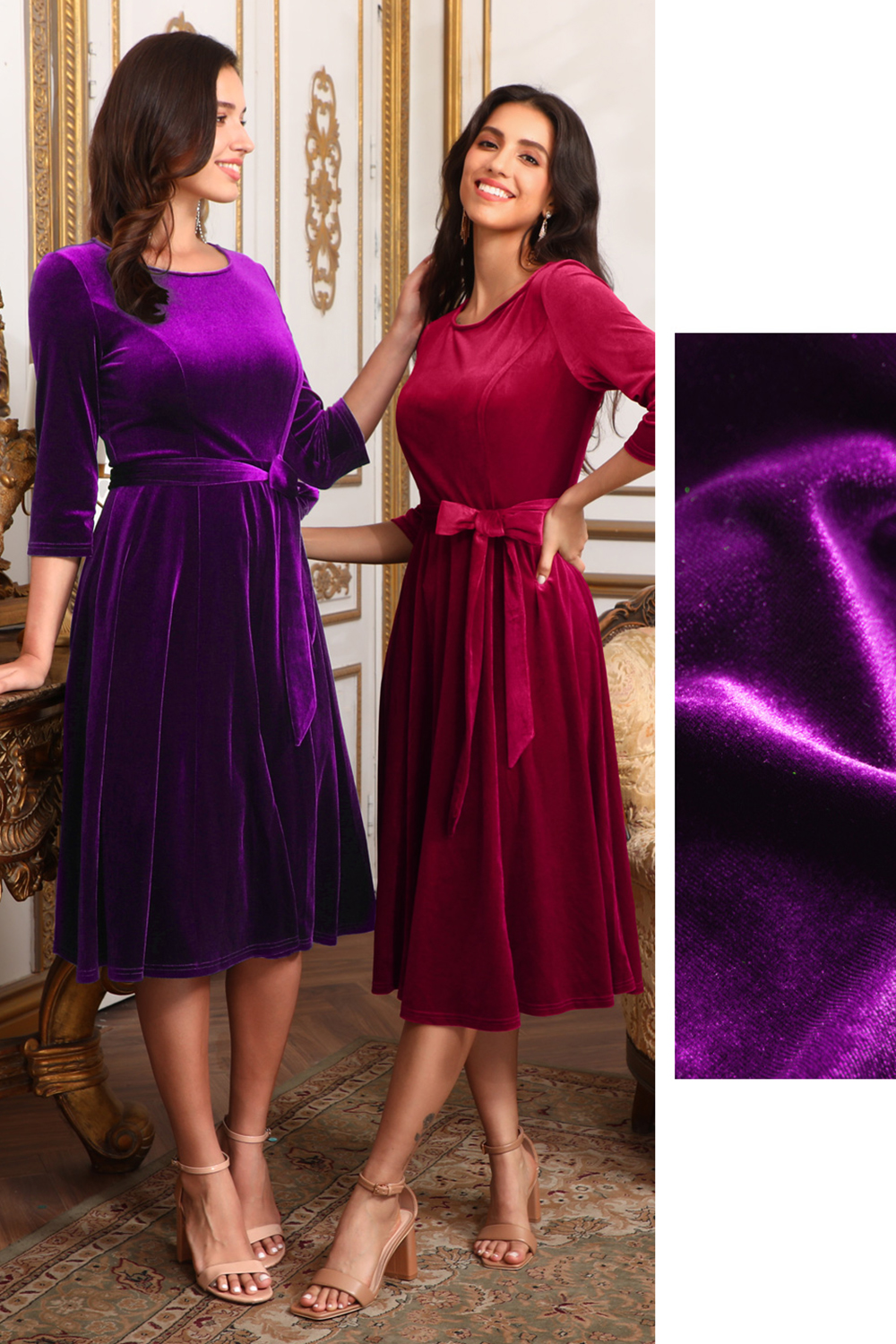 Elegant Round-Neck Velvet Bow-Tie Ruched 3/4 Sleeve Midi Dress