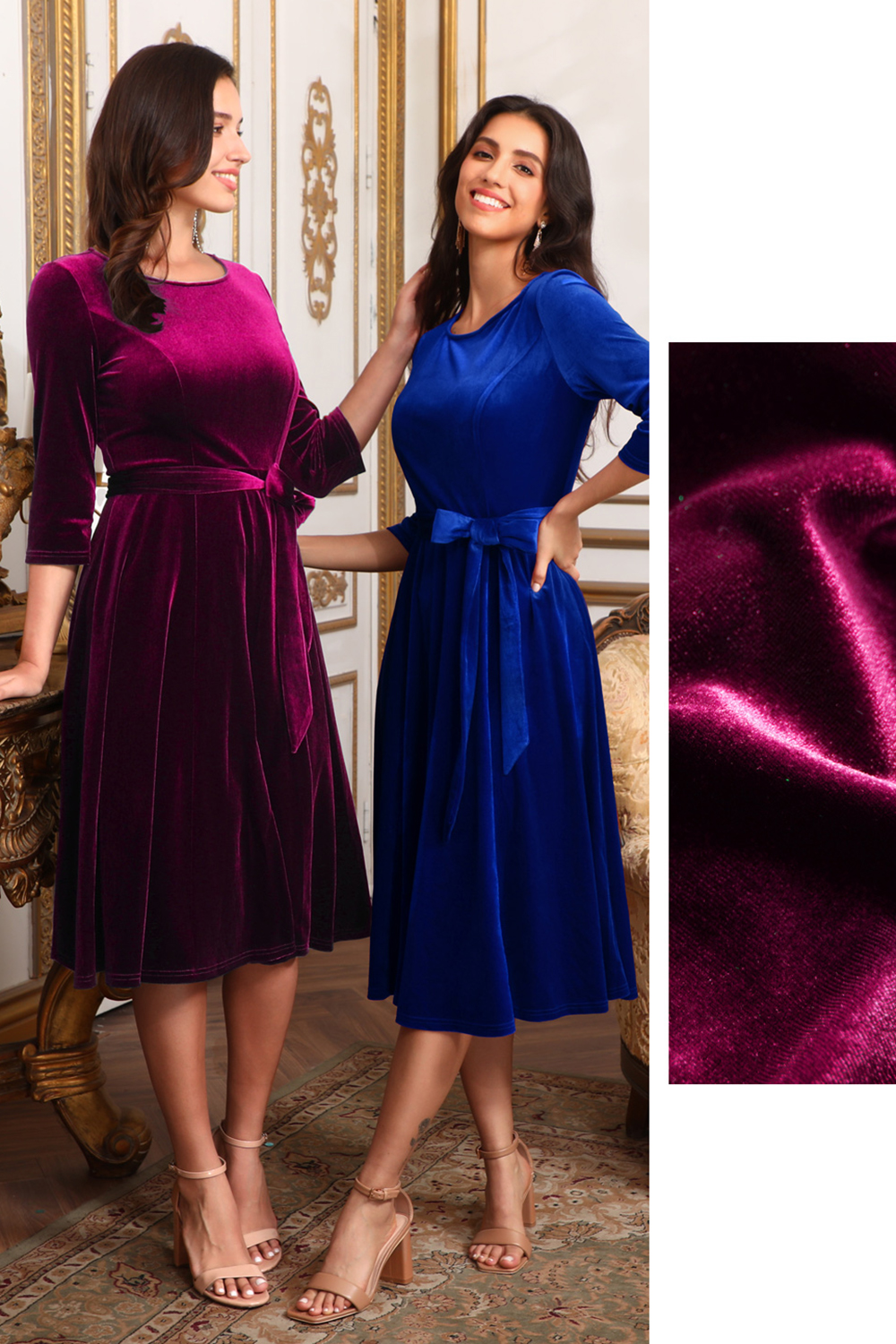 Elegant Round-Neck Velvet Bow-Tie Ruched 3/4 Sleeve Midi Dress