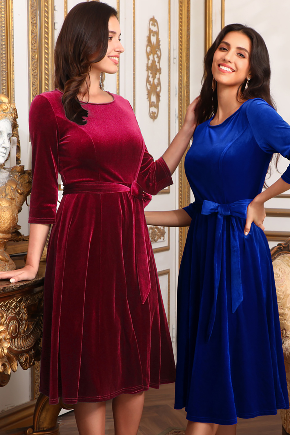 Elegant Round-Neck Velvet Bow-Tie Ruched 3/4 Sleeve Midi Dress