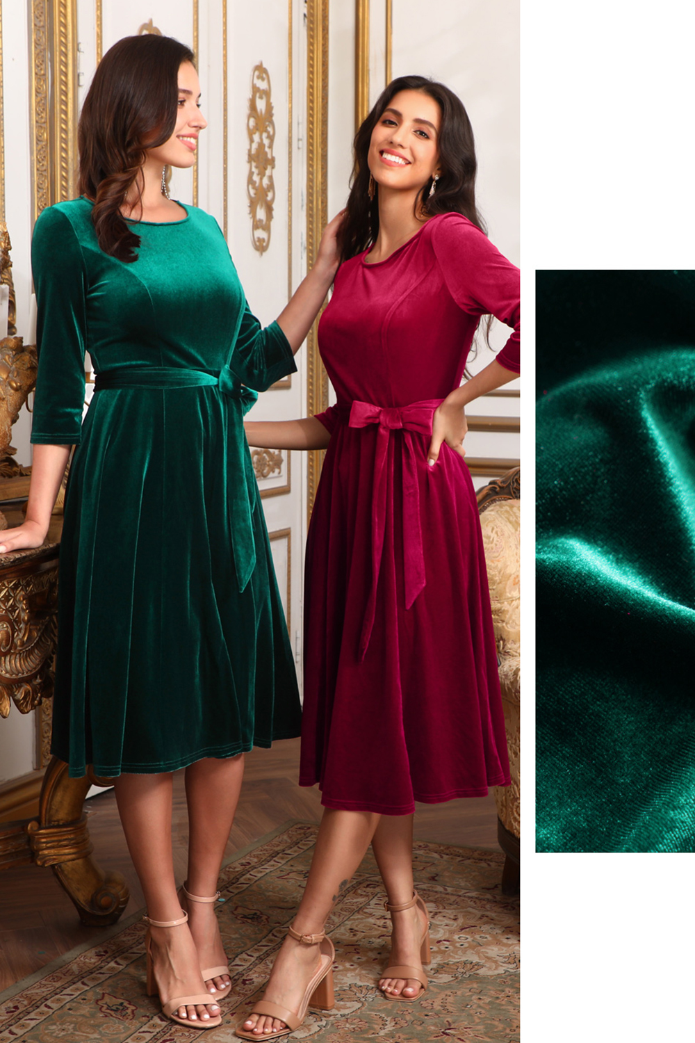 Elegant Round-Neck Velvet Bow-Tie Ruched 3/4 Sleeve Midi Dress