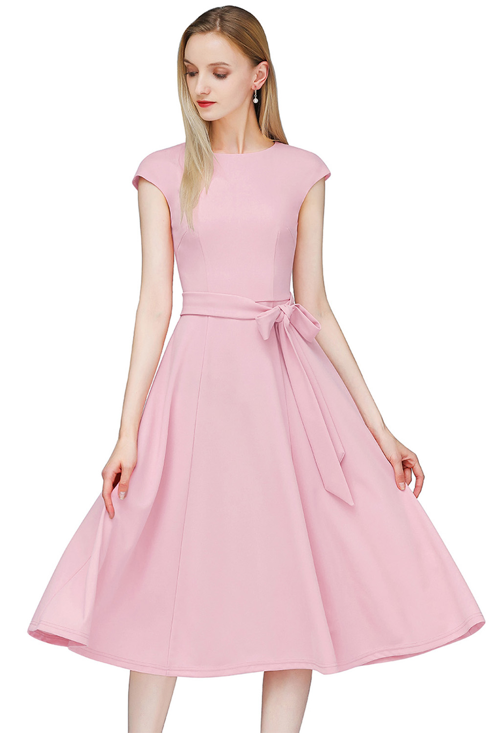 A-Line Knee-Length Pink Cocktail Dress with Cap Sleeves, Vintage Style, Unique and Elegant