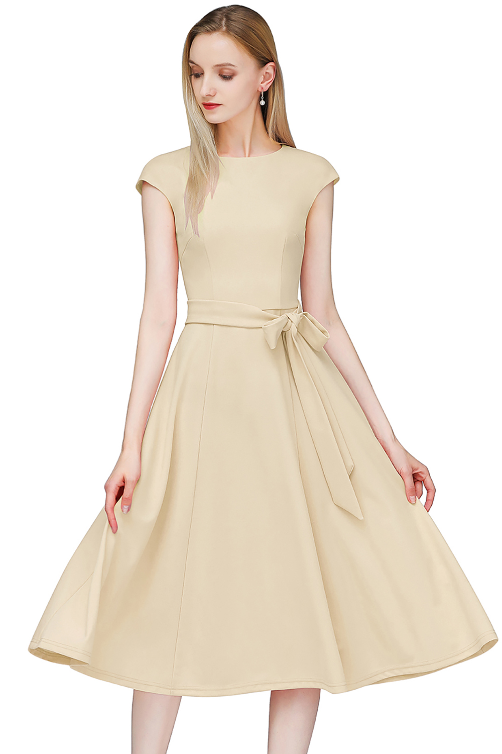 A-Line Knee-Length Champagne Cocktail Dress with Cap Sleeves, Vintage Style, Unique and Elegant