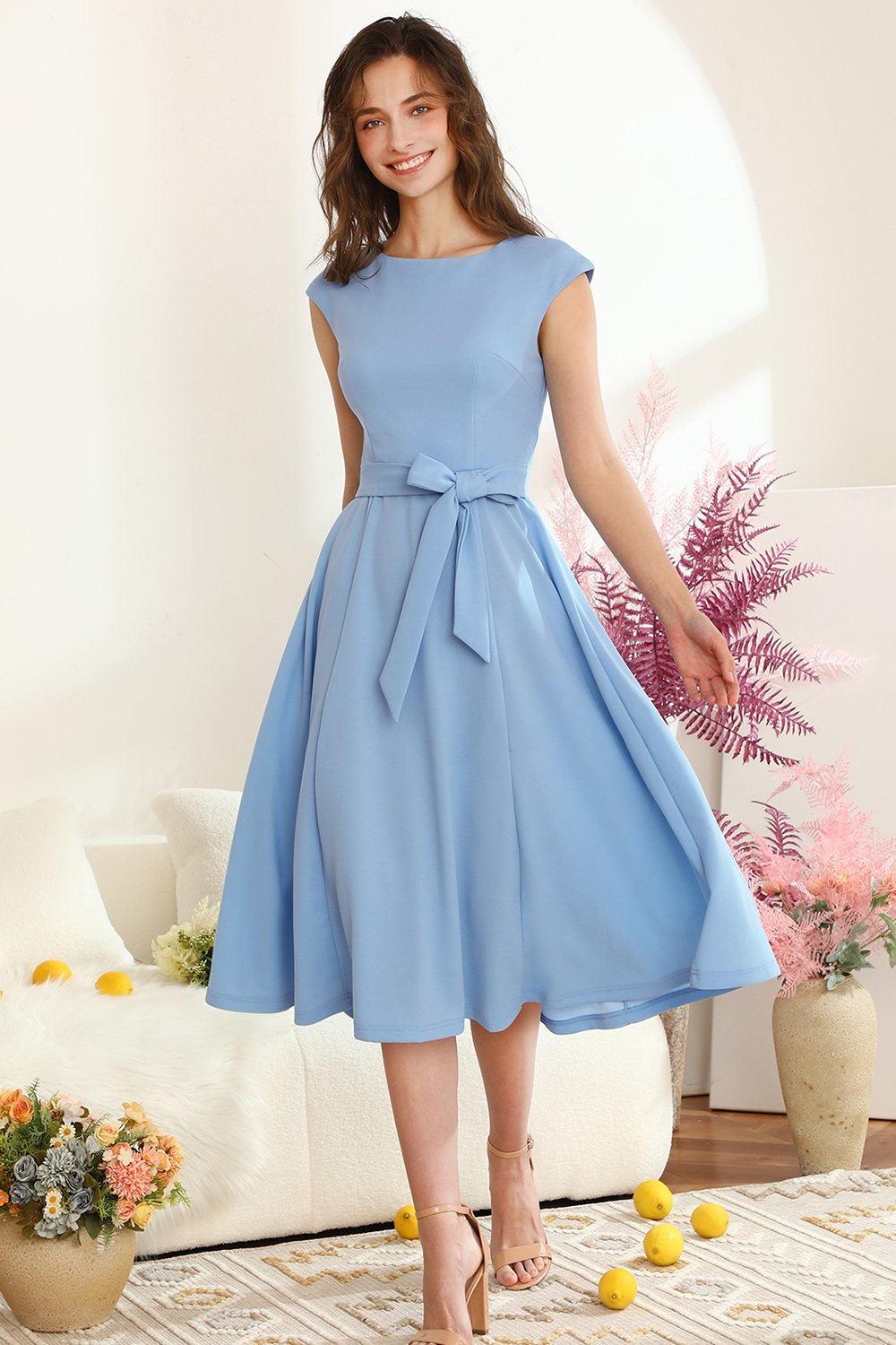 A-Line Knee-Length Blue Cocktail Dress with Cap Sleeves, Vintage Style, Unique and Elegant