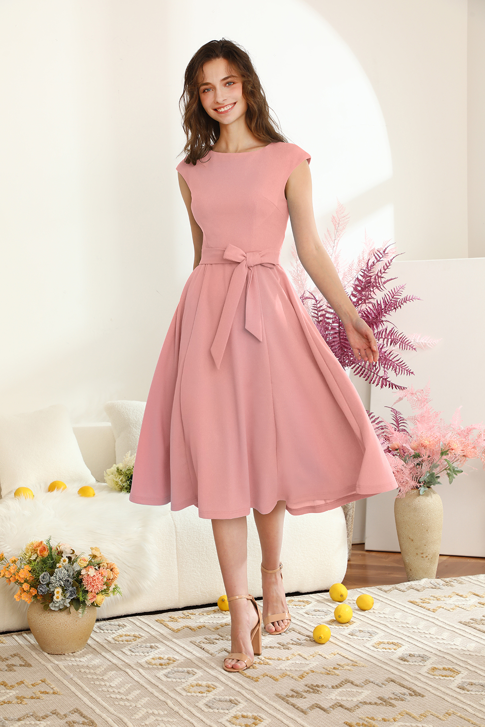A-Line Knee-Length Dustyrose Cocktail Dress with Cap Sleeves, Vintage Style, Unique and Elegant