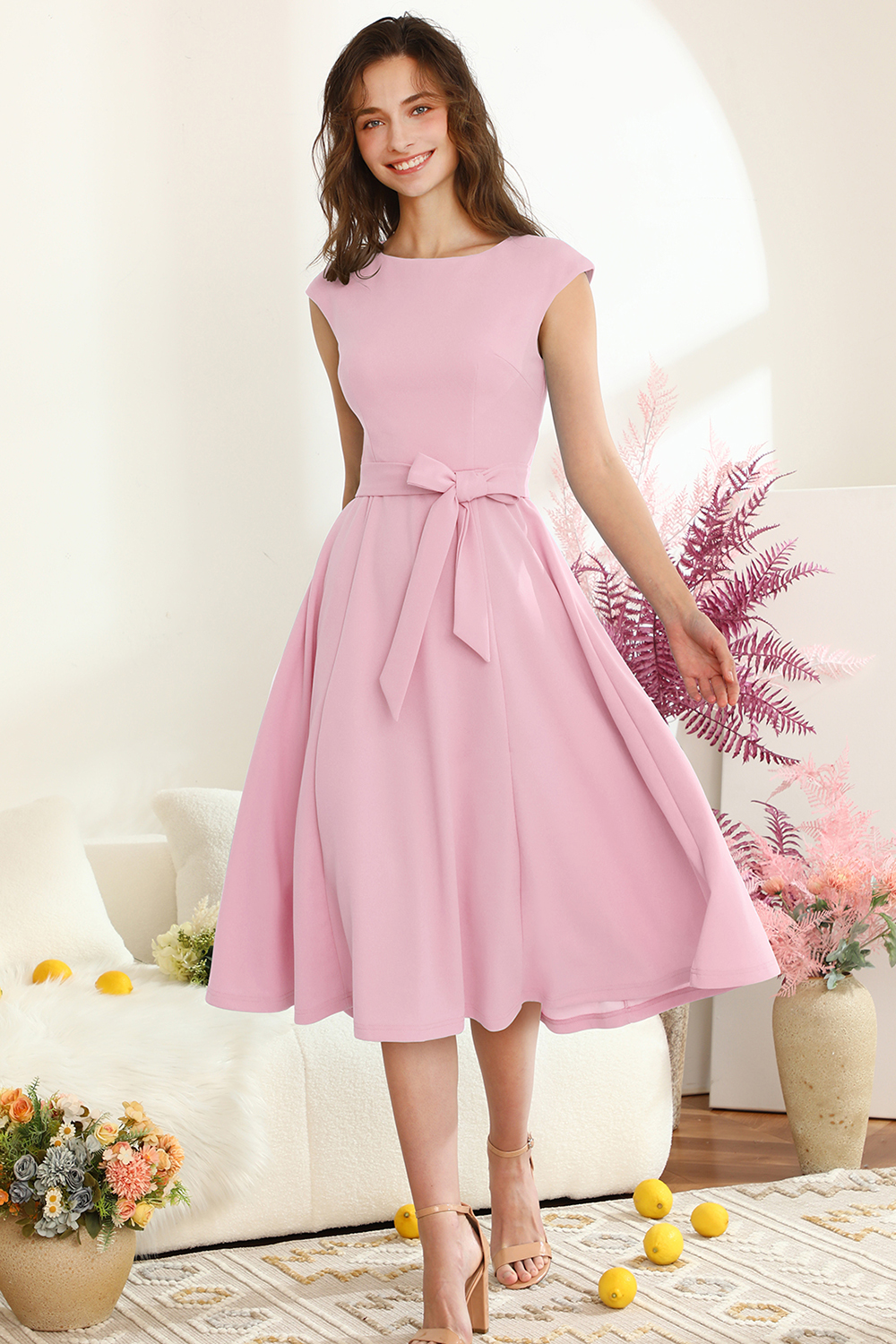 A-Line Knee-Length Pink Cocktail Dress with Cap Sleeves, Vintage Style, Unique and Elegant