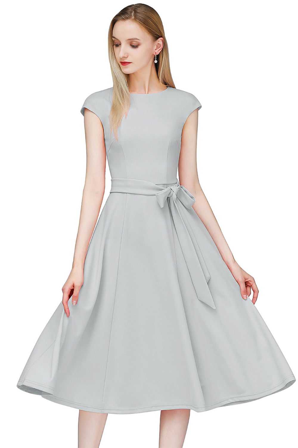 A-Line Knee-Length Grey Cocktail Dress with Cap Sleeves, Vintage Style, Unique and Elegant