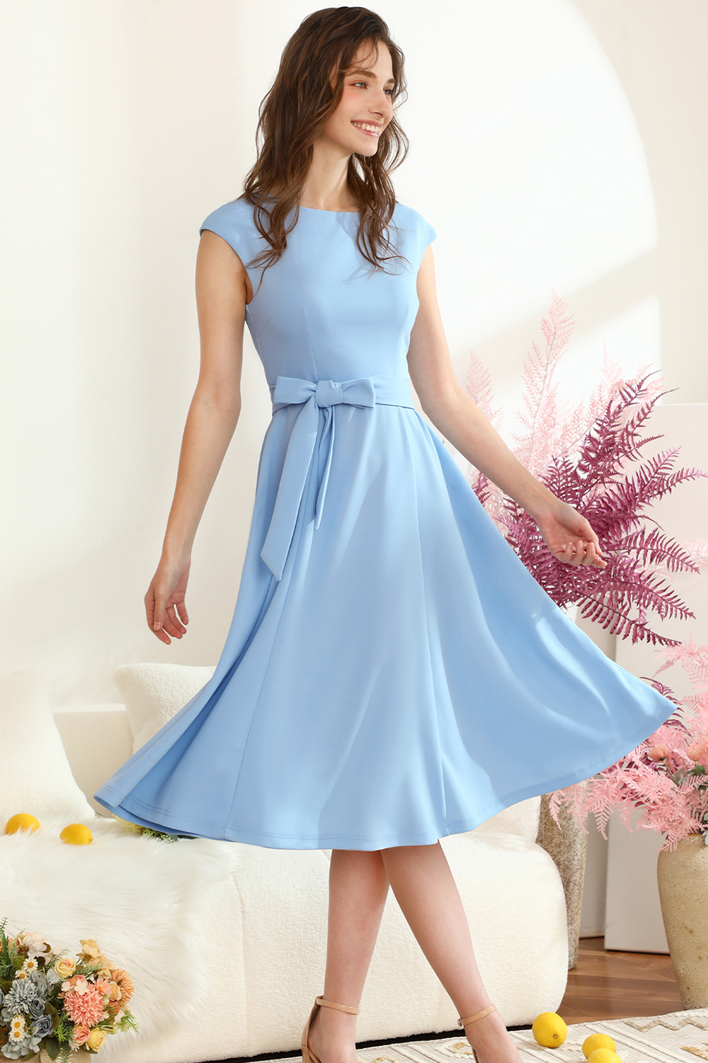 Light Blue Casual Blue Dresses Womens Wedding Guest Dresses Party Women  Fashion Round-Neck Sleeveless