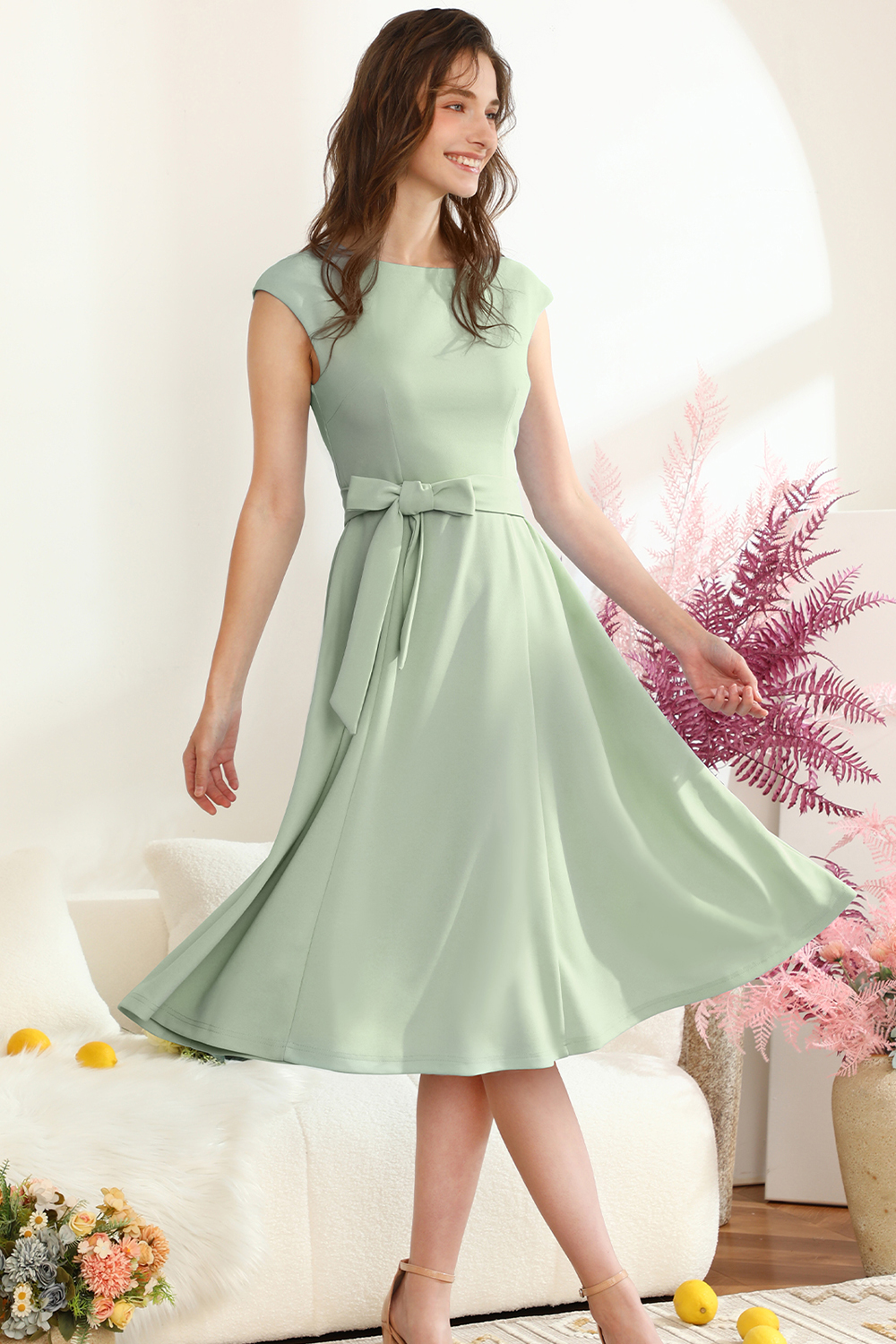 A-Line Knee-Length Lightgreen Cocktail Dress with Cap Sleeves, Vintage Style, Unique and Elegant