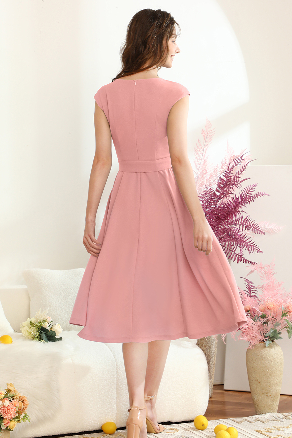 A-Line Knee-Length Dustyrose Cocktail Dress with Cap Sleeves, Vintage Style, Unique and Elegant