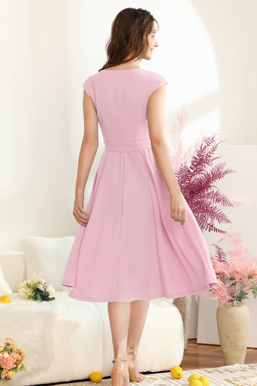 A-Line Knee-Length Pink Cocktail Dress with Cap Sleeves, Vintage Style, Unique and Elegant