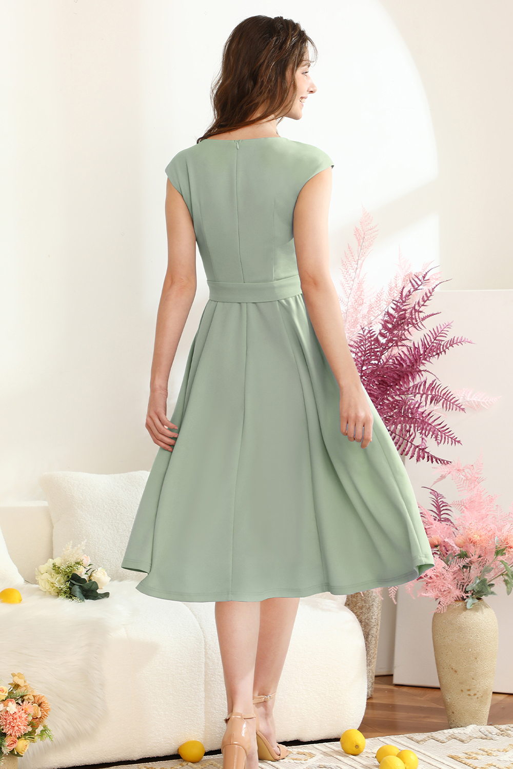 A-Line Knee-Length Lightgreen Cocktail Dress with Cap Sleeves, Vintage Style, Unique and Elegant