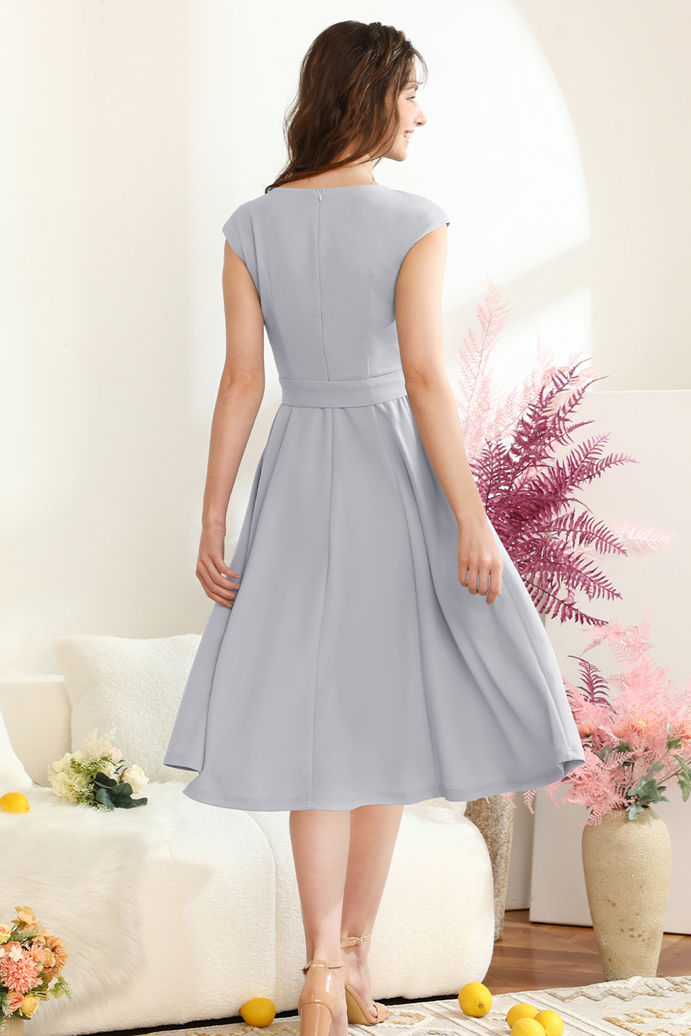 A-Line Knee-Length Grey Cocktail Dress with Cap Sleeves, Vintage Style, Unique and Elegant