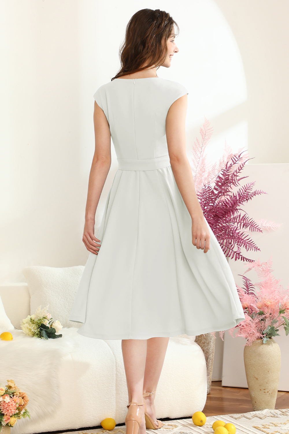A-Line Knee-Length White Cocktail Dress with Cap Sleeves, Vintage Style, Unique and Elegant