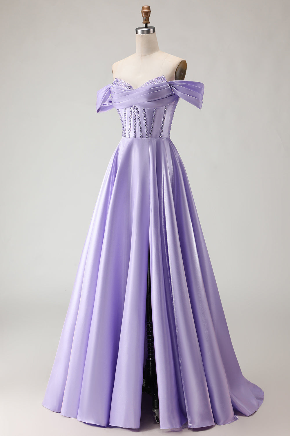 Sparkly Purple Satin Beaded A Line Corset Long Prom Dress with Slit