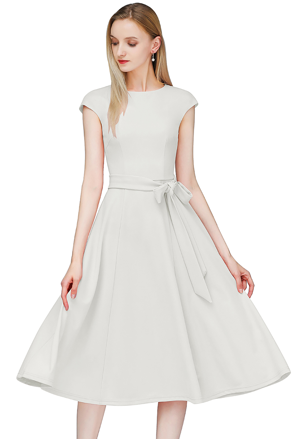 A-Line Knee-Length White Cocktail Dress with Cap Sleeves, Vintage Style, Unique and Elegant