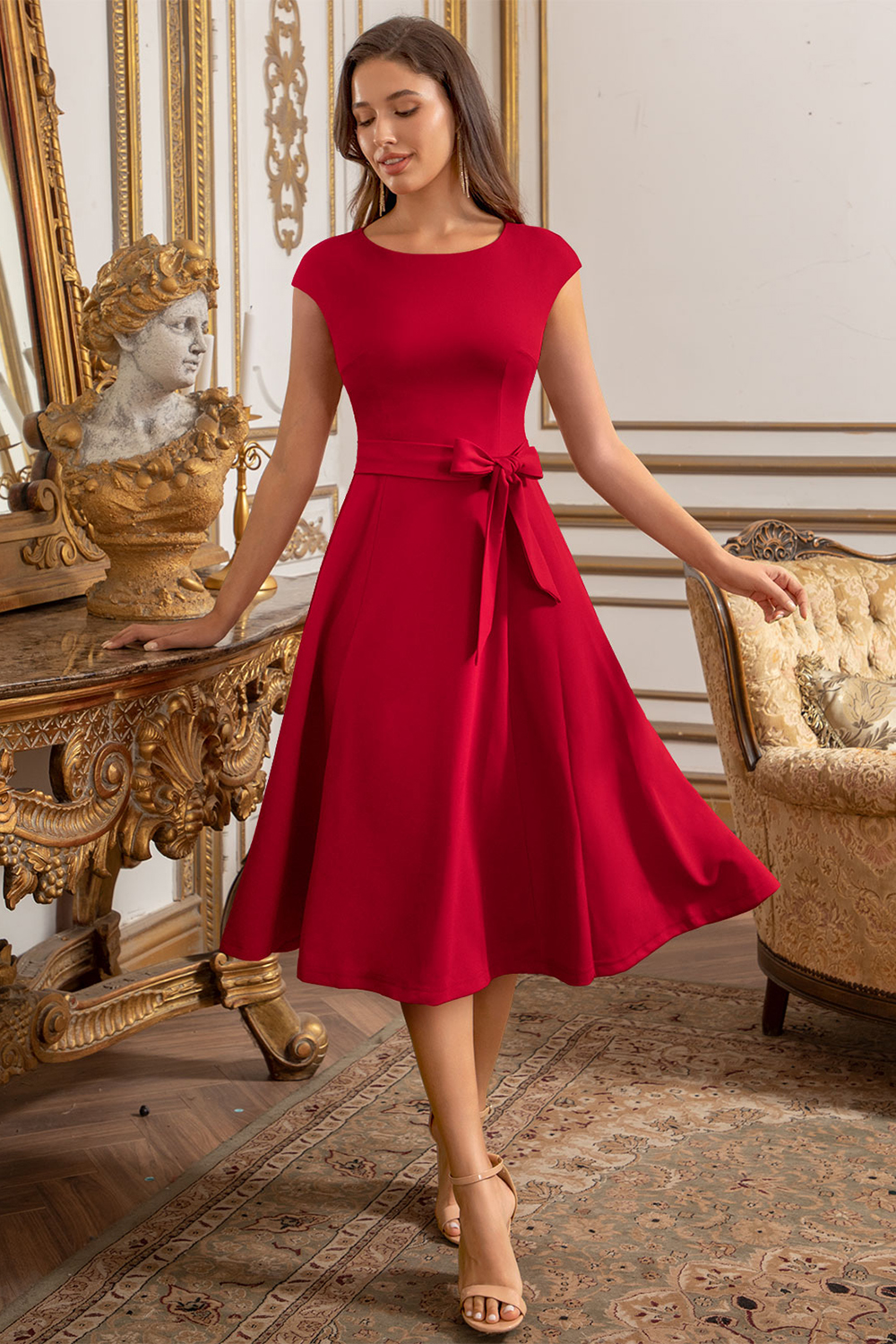 A-Line Knee-Length Red Cocktail Dress with Cap Sleeves, Vintage Style, Unique and Elegant