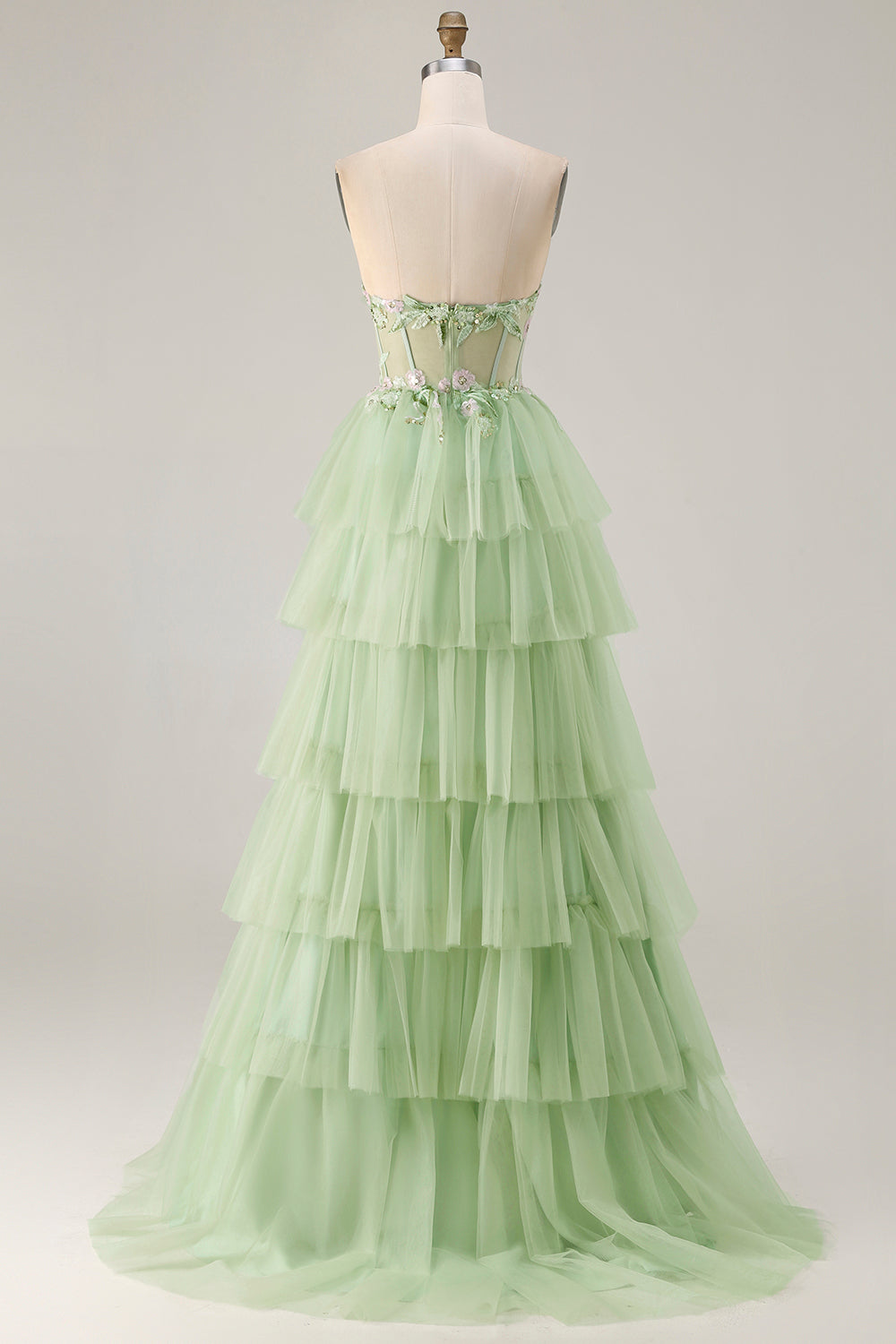 Sparkly Floral Green Beaded Corset Long Prom Dress with Ruffles
