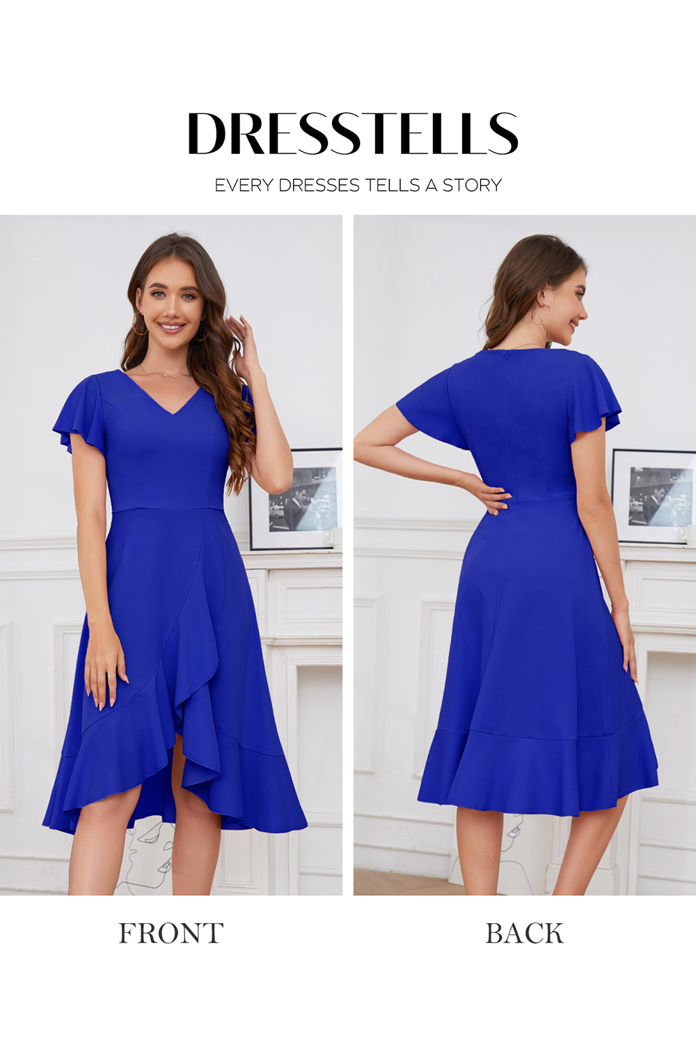 Modest Asymmetrical Royal Blue V-Neck Ruffle Sleeve Wedding Guest & Cocktail Dress