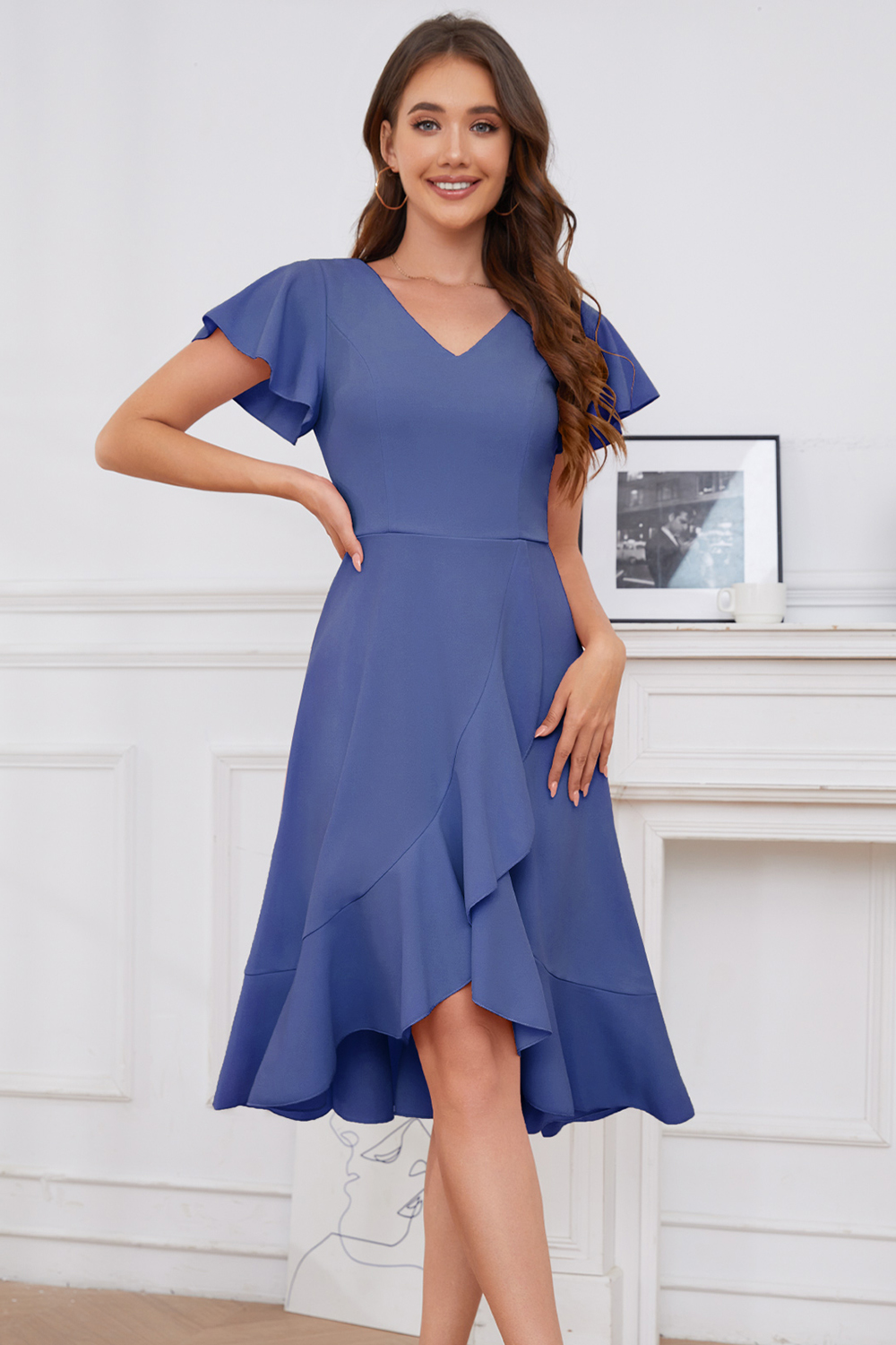 Modest Asymmetrical Grey Blue V-Neck Ruffle Sleeve Wedding Guest & Cocktail Dress