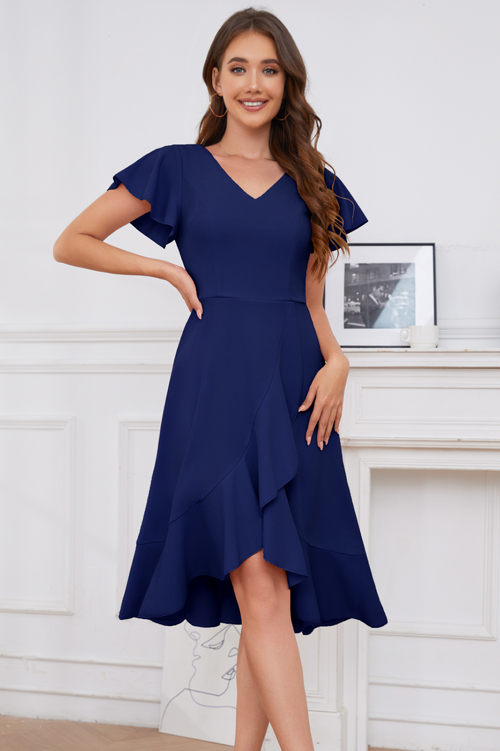 Modest Asymmetrical Navy V-Neck Ruffle Sleeve Wedding Guest & Cocktail Dress