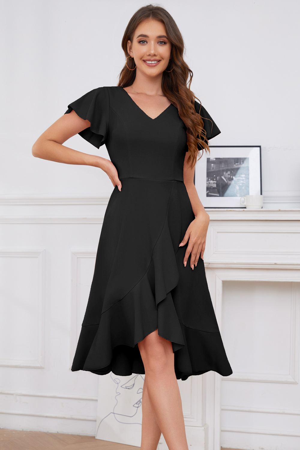 Modest Asymmetrical Black V-Neck Ruffle Sleeve Wedding Guest & Cocktail Dress