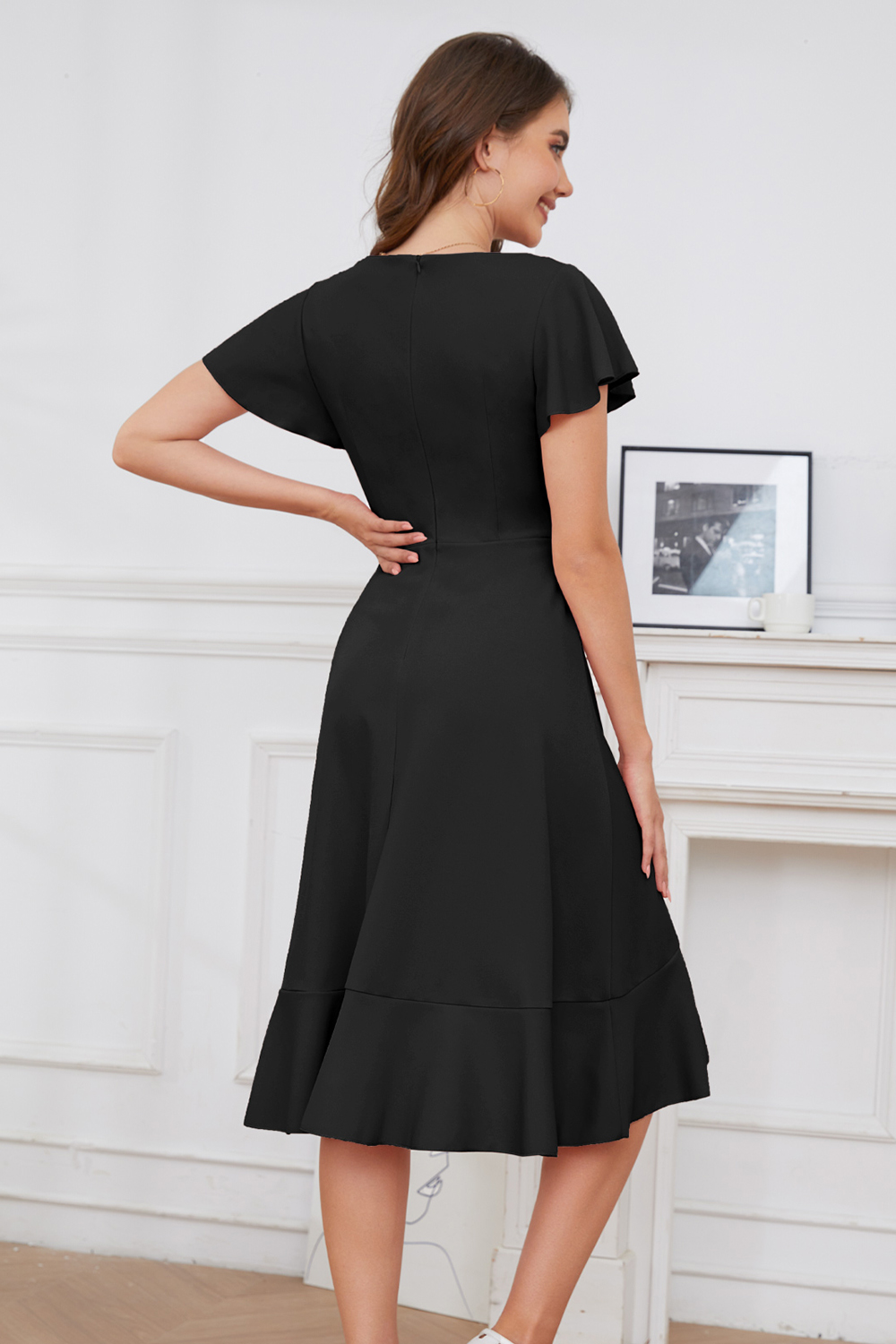 Modest Asymmetrical Black V-Neck Ruffle Sleeve Wedding Guest & Cocktail Dress
