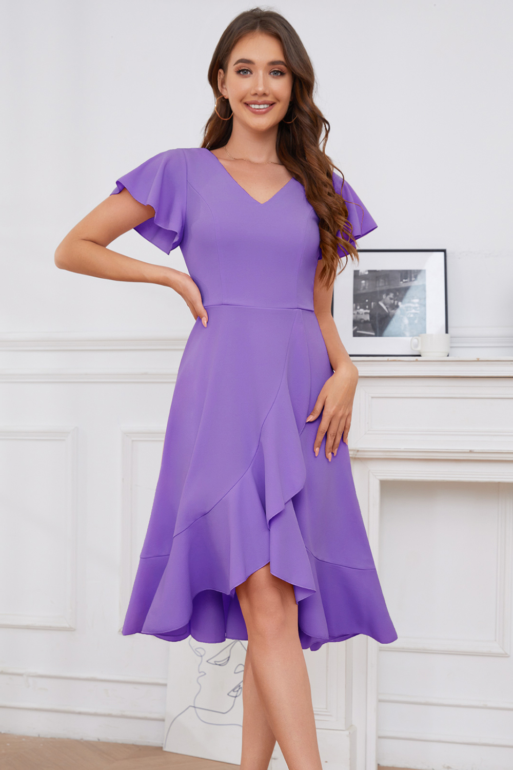 Modest Asymmetrical Lavender V-Neck Ruffle Sleeve Wedding Guest & Cocktail Dress