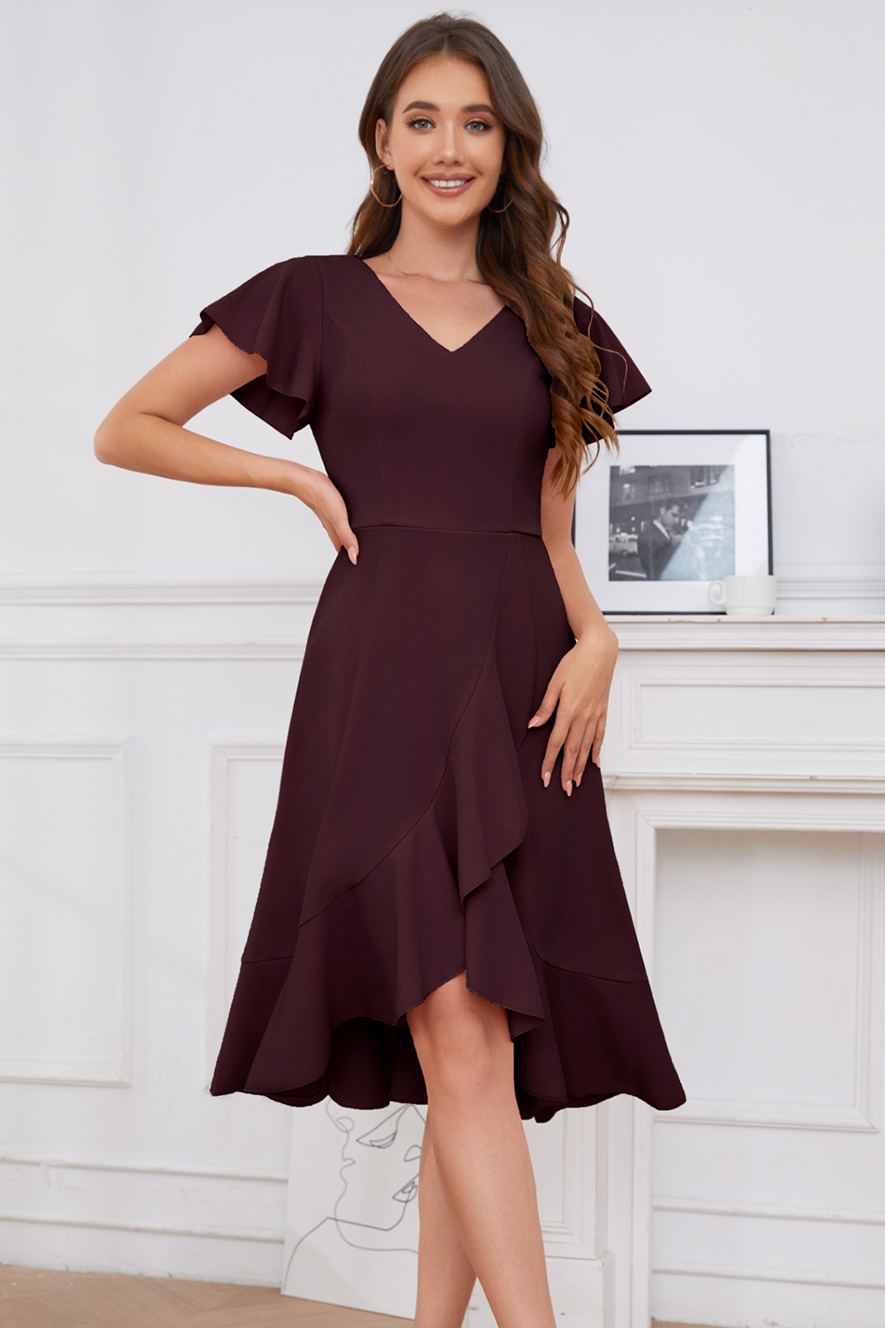Modest Asymmetrical Burgundy V-Neck Ruffle Sleeve Wedding Guest & Cocktail Dress
