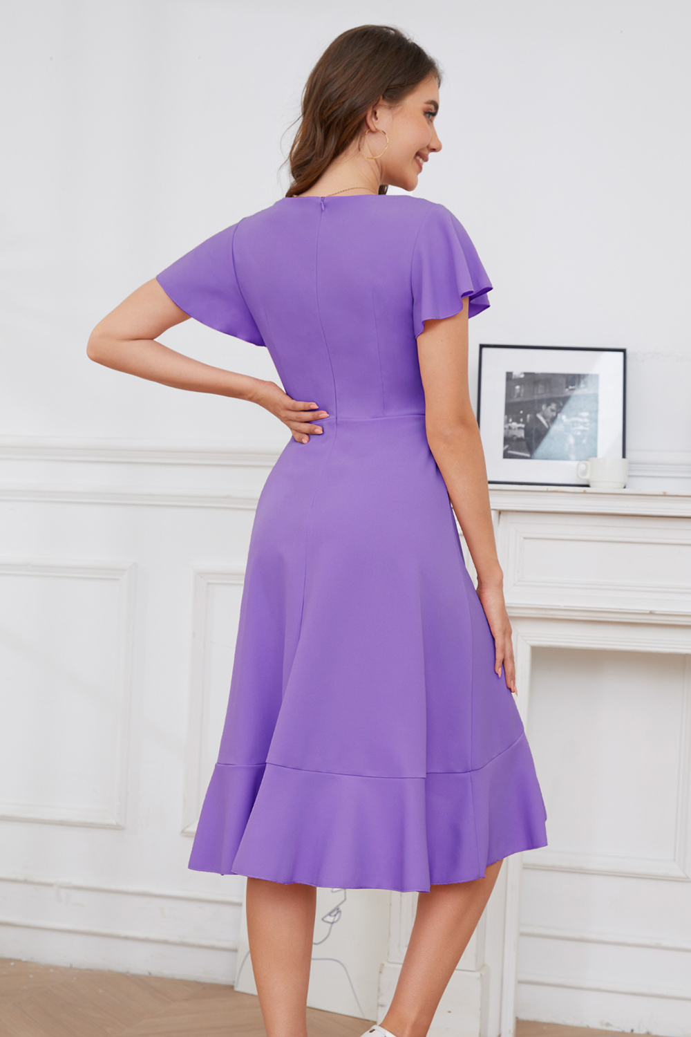 Modest Asymmetrical Lavender V-Neck Ruffle Sleeve Wedding Guest & Cocktail Dress
