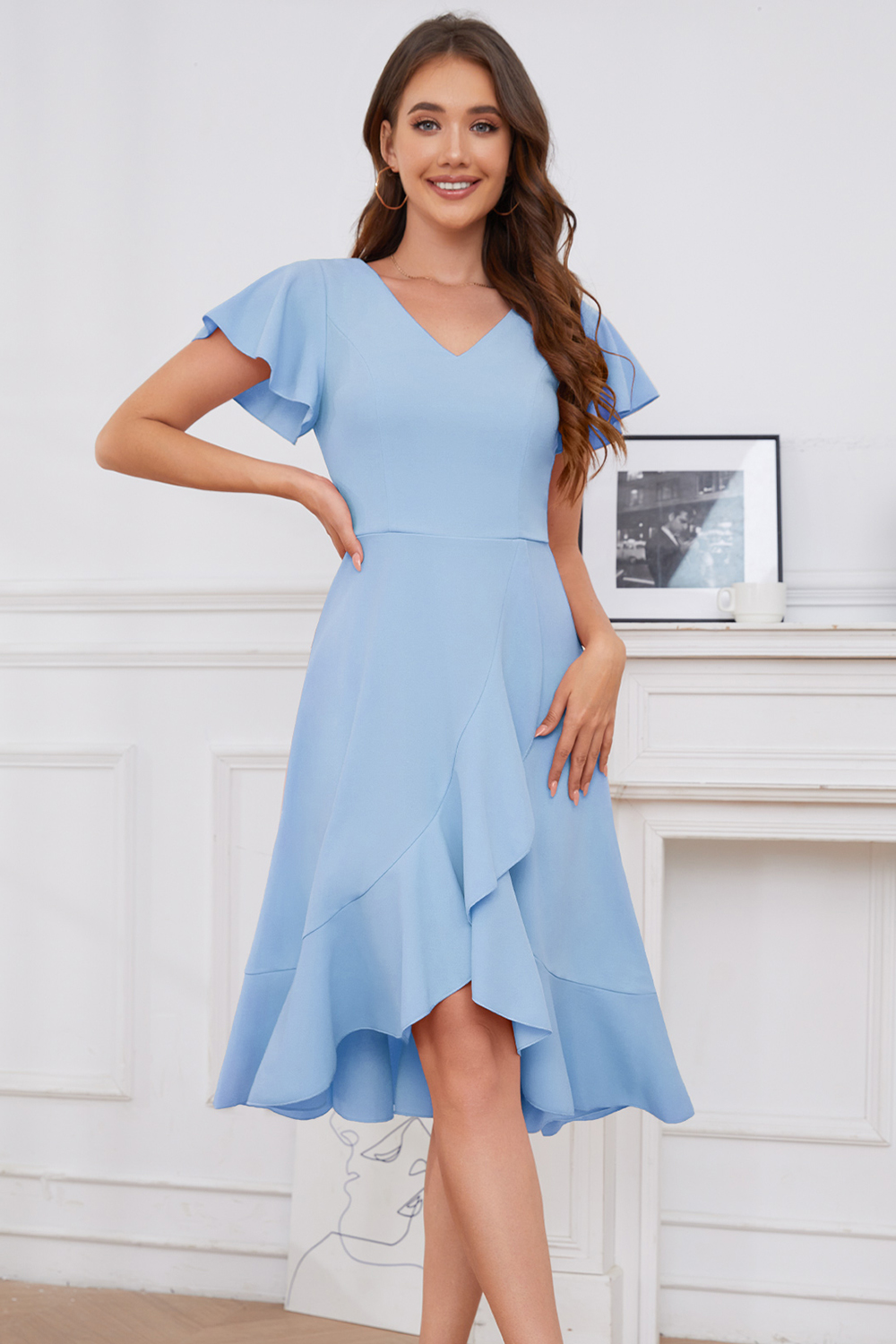 Modest Asymmetrical Blue V-Neck Ruffle Sleeve Wedding Guest & Cocktail Dress