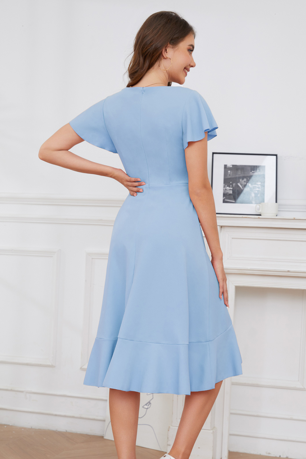 Modest Asymmetrical Blue V-Neck Ruffle Sleeve Wedding Guest & Cocktail Dress