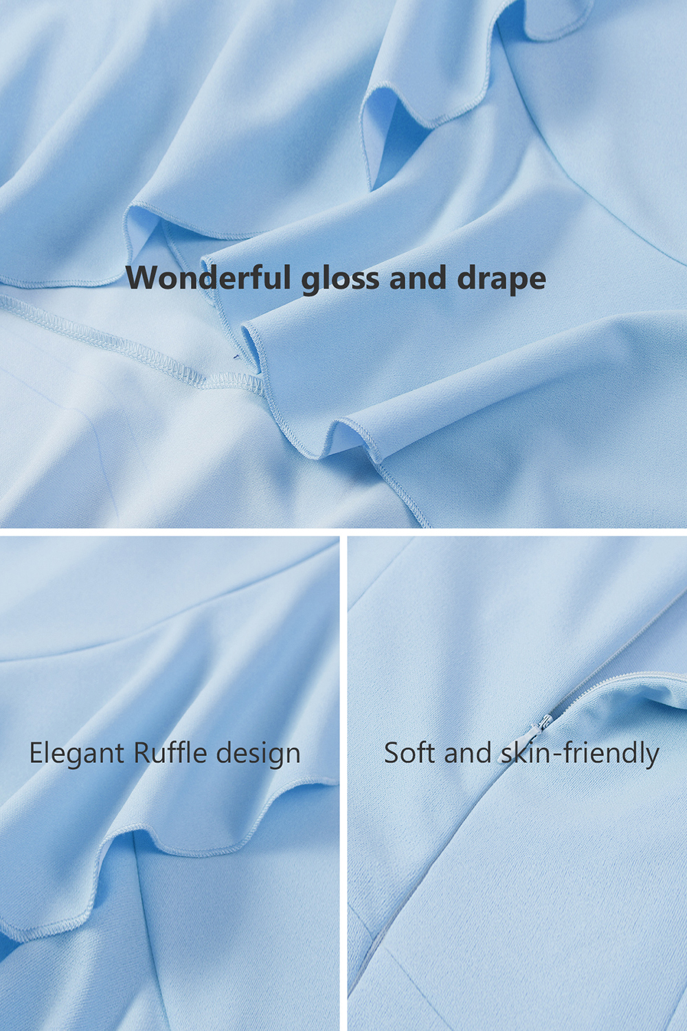 Modest Asymmetrical Blue V-Neck Ruffle Sleeve Wedding Guest & Cocktail Dress