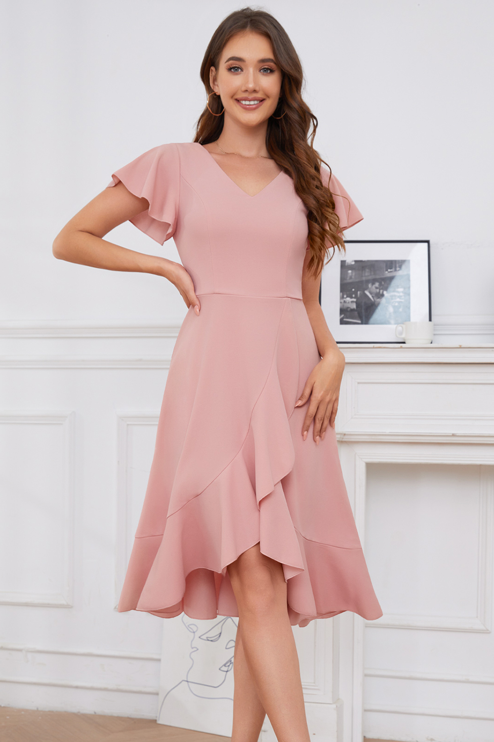 Modest Asymmetrical Blush V-Neck Ruffle Sleeve Wedding Guest & Cocktail Dress