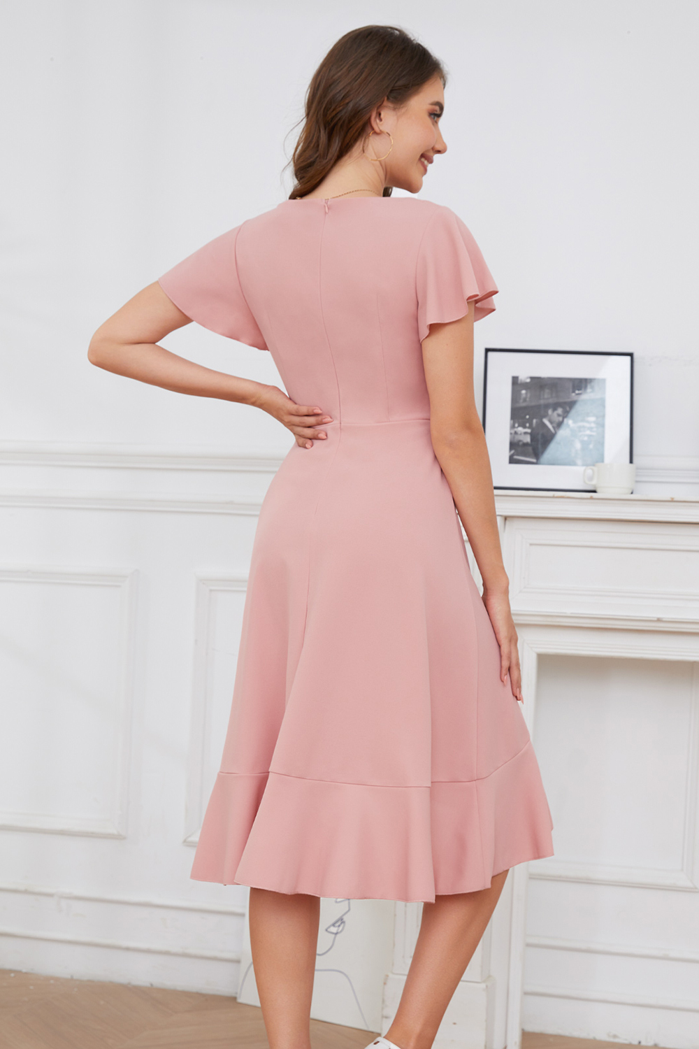 Modest Asymmetrical Blush V-Neck Ruffle Sleeve Wedding Guest & Cocktail Dress