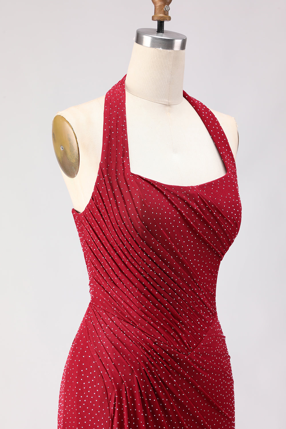 Sparkly Dark Red Halter Mermaid Beaded Long Prom Dress with Slit