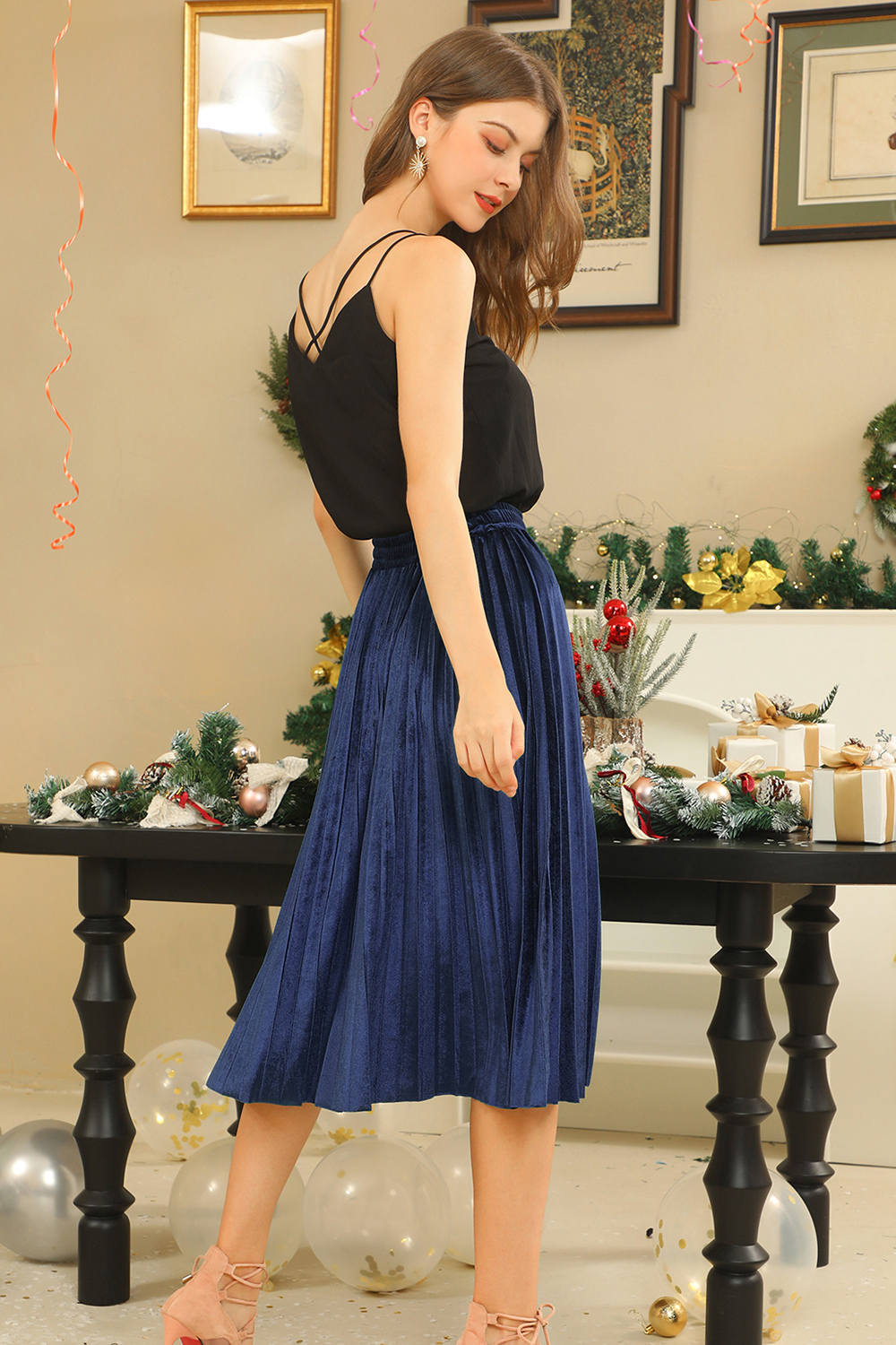 Classic Ruched Solid Color Velvet Midi Skirt