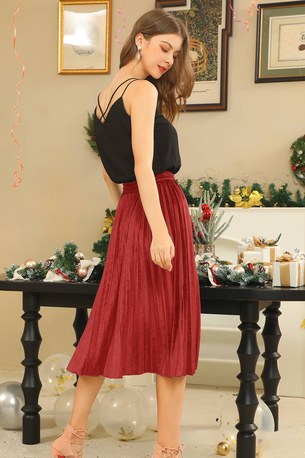 Classic Ruched Solid Color Velvet Midi Skirt