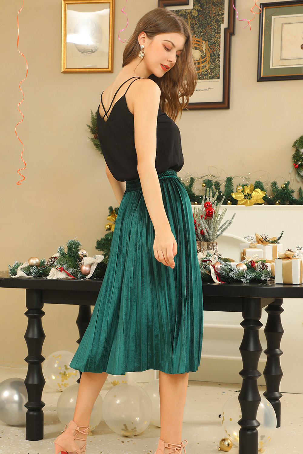 Classic Ruched Solid Color Velvet Midi Skirt