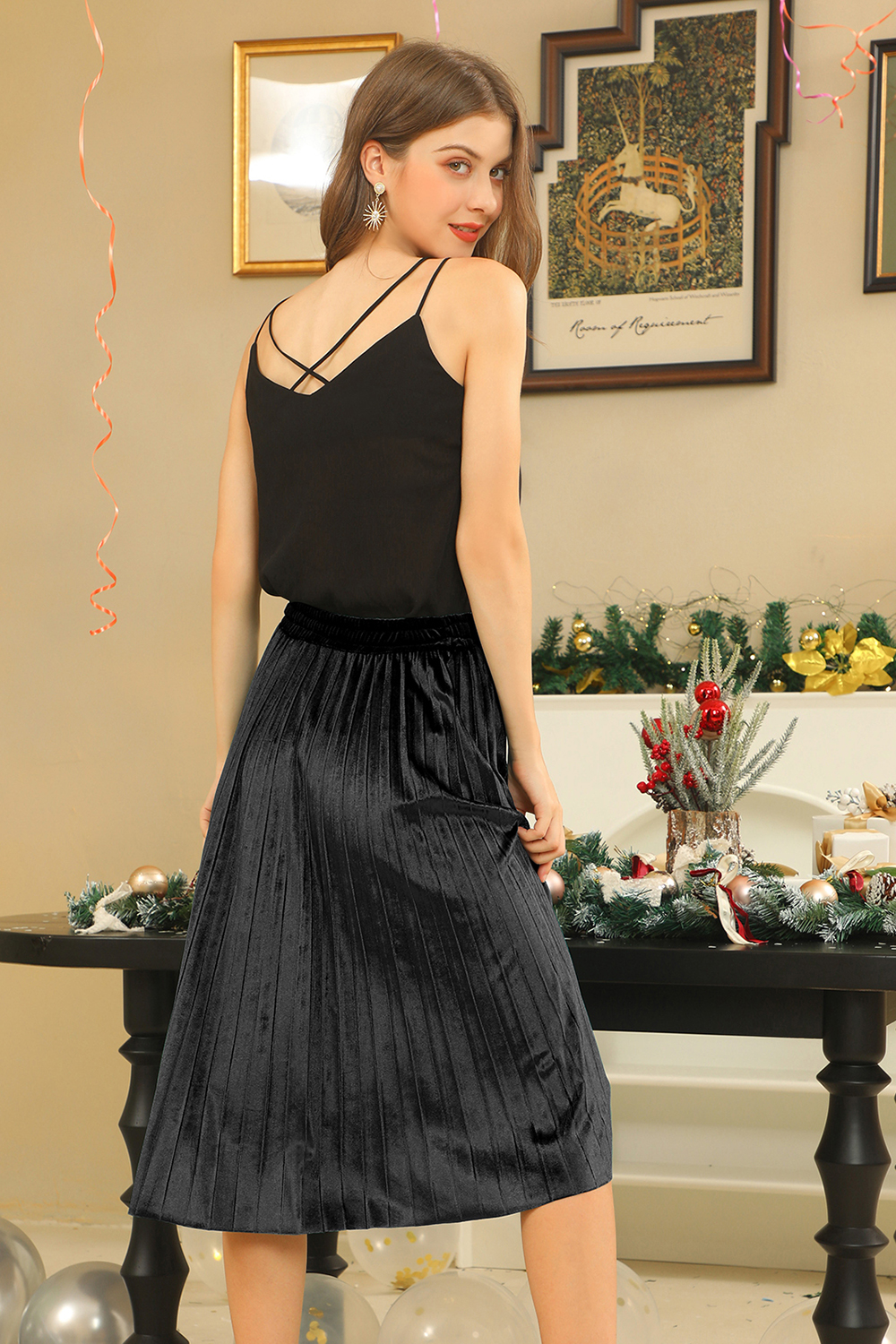 Classic Ruched Solid Color Velvet Midi Skirt