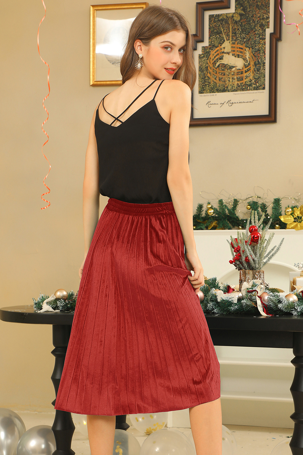 Classic Ruched Solid Color Velvet Midi Skirt