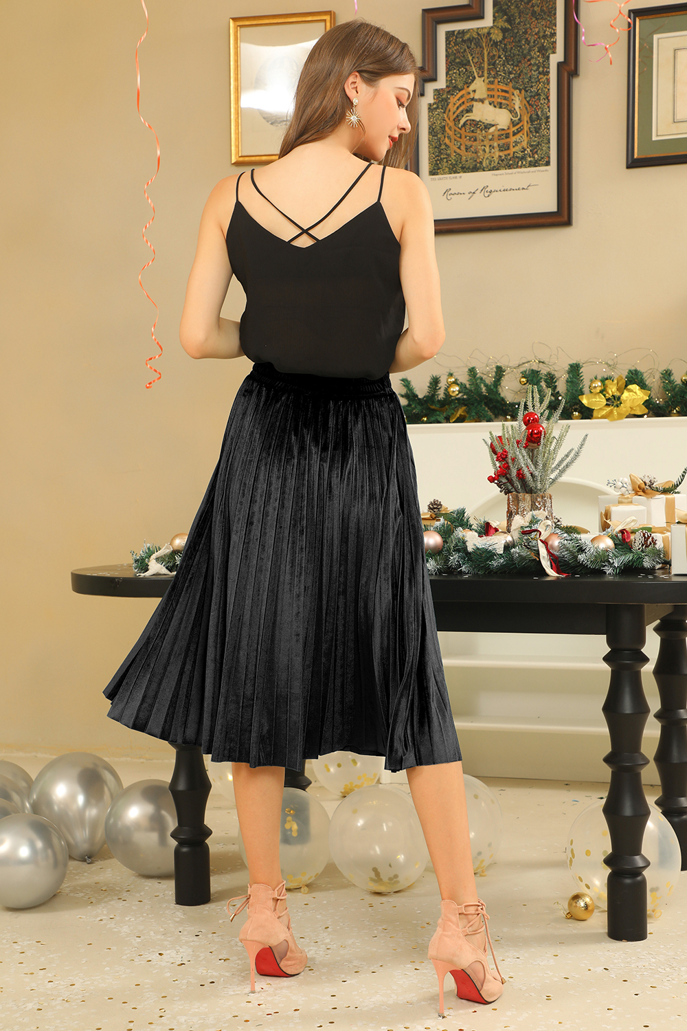 Classic Ruched Solid Color Velvet Midi Skirt