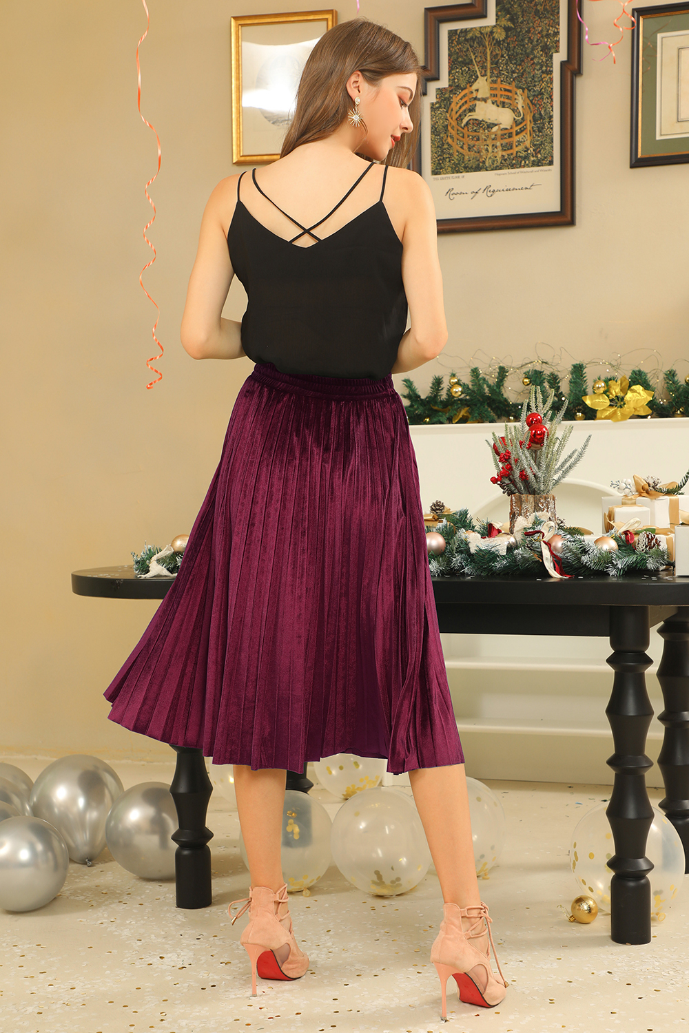 Classic Ruched Solid Color Velvet Midi Skirt