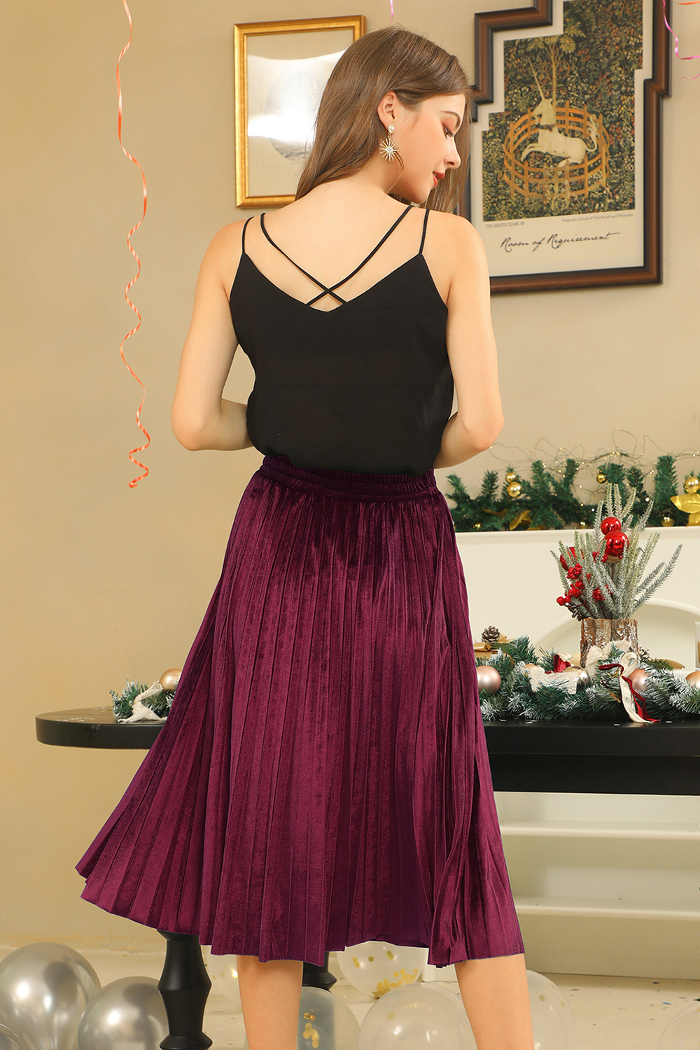 Classic Ruched Solid Color Velvet Midi Skirt