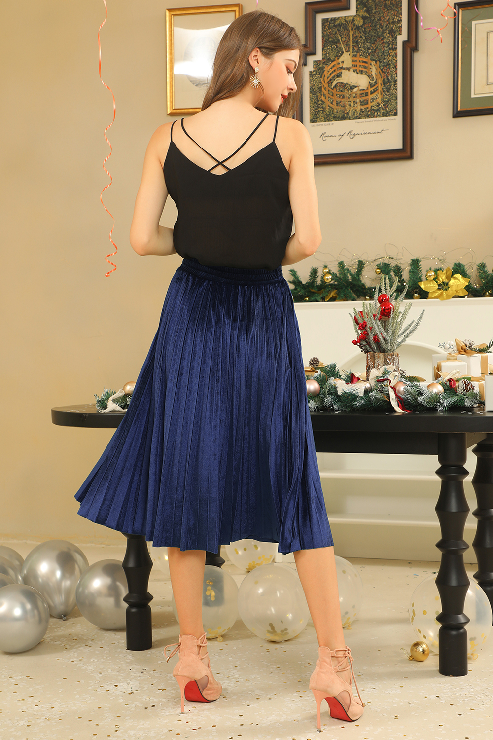 Classic Ruched Solid Color Velvet Midi Skirt