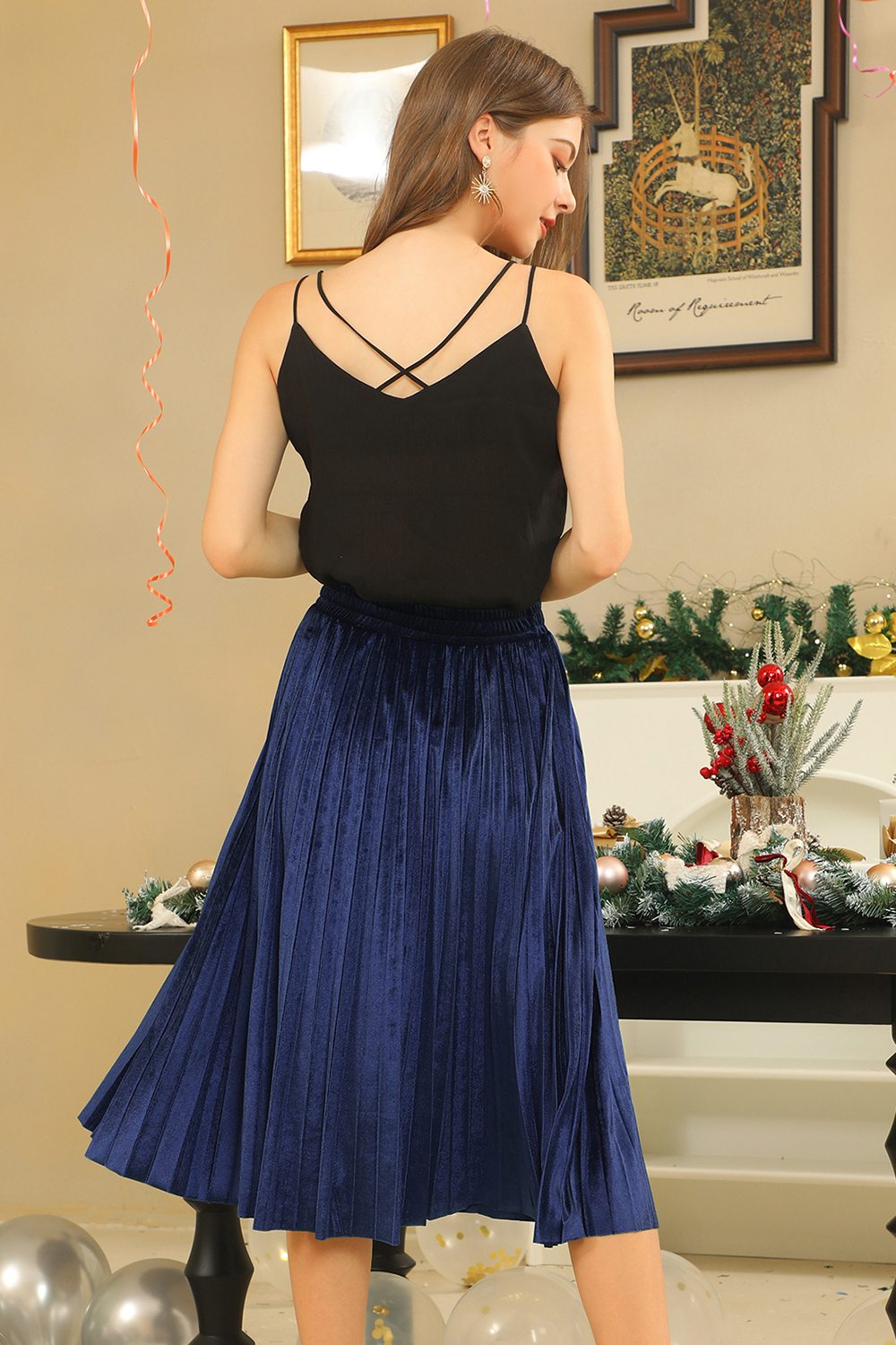 Classic Ruched Solid Color Velvet Midi Skirt