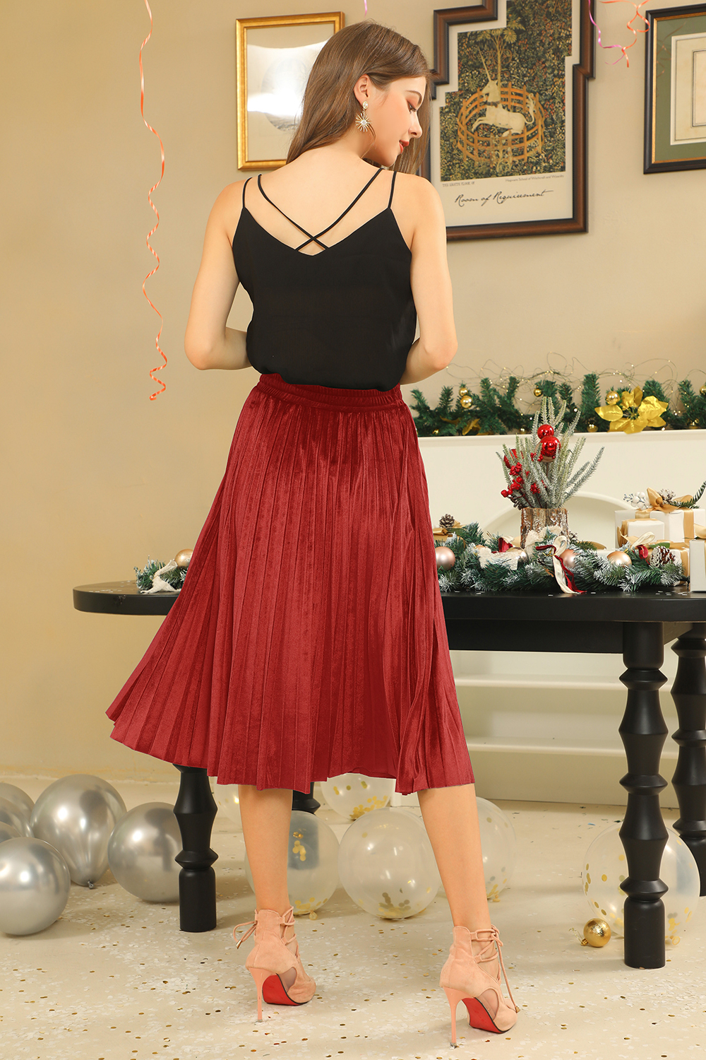 Classic Ruched Solid Color Velvet Midi Skirt