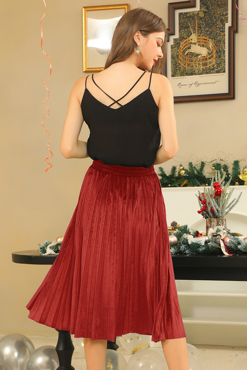 Classic Ruched Solid Color Velvet Midi Skirt