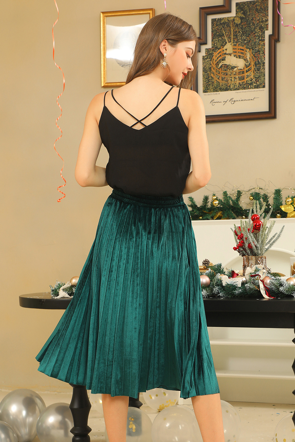 Classic Ruched Solid Color Velvet Midi Skirt