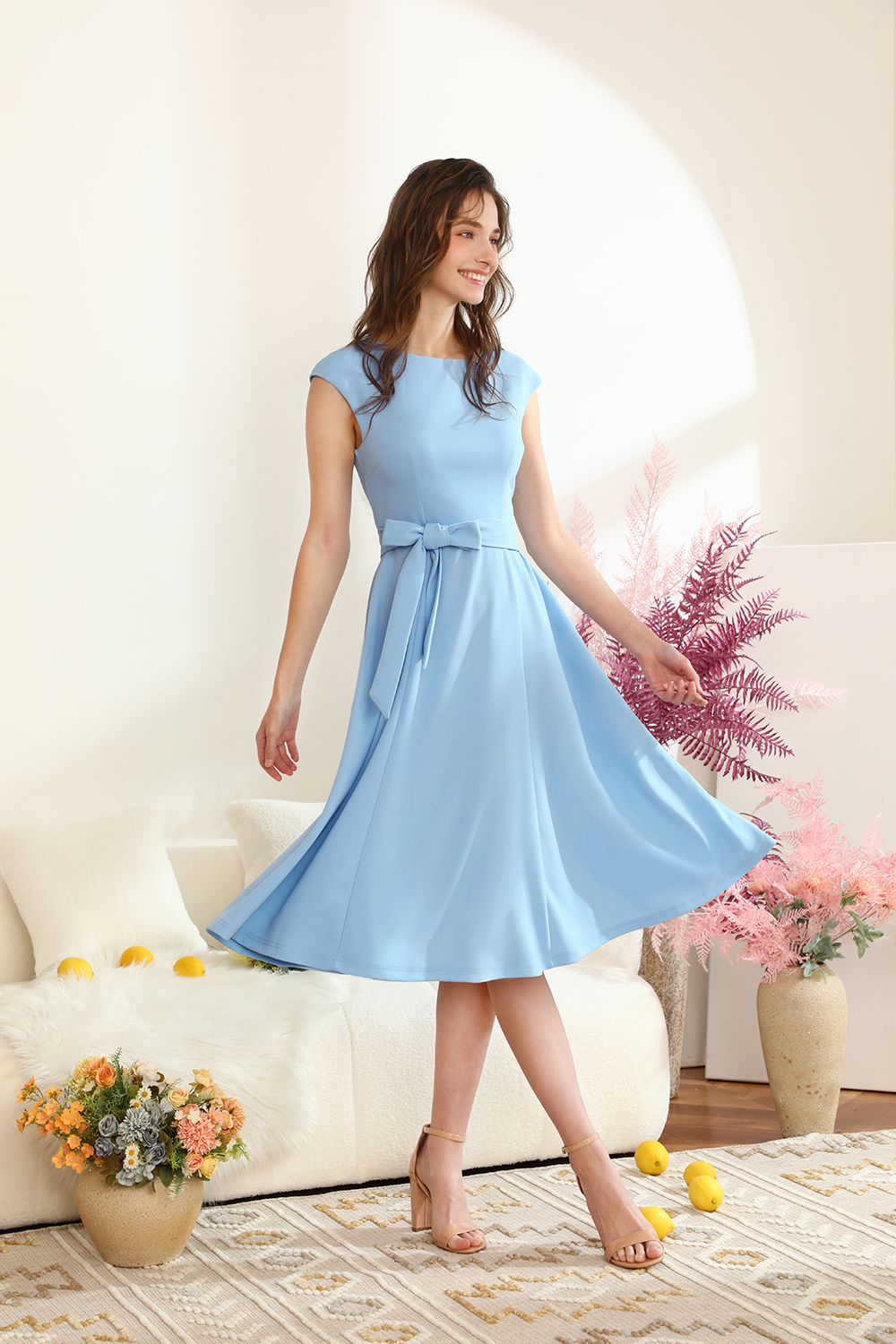 A-Line Knee-Length Blue Cocktail Dress with Cap Sleeves, Vintage Style, Unique and Elegant